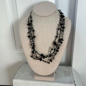 Black gray stone chip multistrand layered necklace collar bib